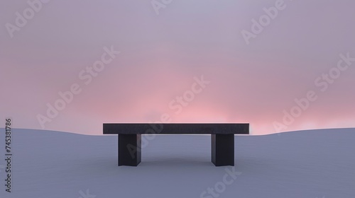 a black bench sitting in the middle of a snow covered field with a pink sky in the backround.