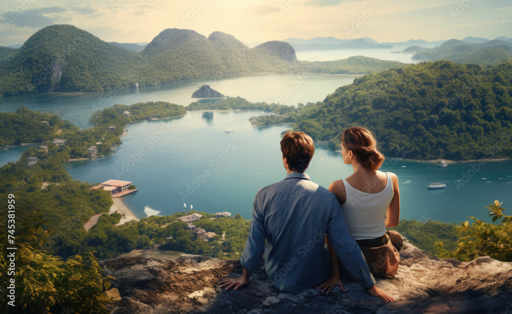 Group of people standing on top of lush green hillside. Group of people standing on top of lush green hillside.