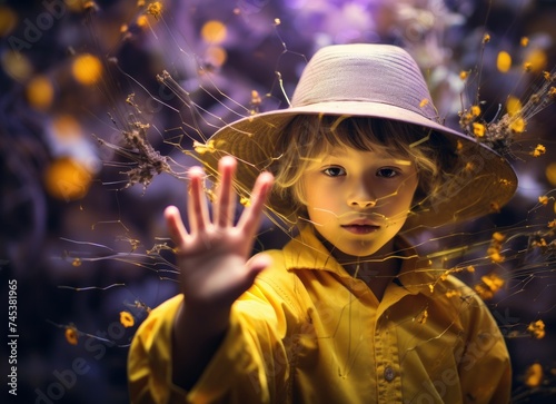 Young boy in purple hat holding microphone.