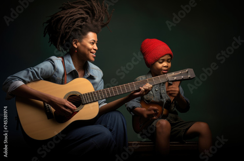 Woman Playing Guitar With Child