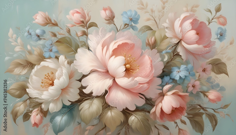 Bouquet of flowers hand-painted in the Victorian style. Decorative background.