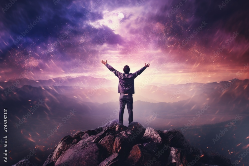 Man standing on top of a mountain with arms outstretched. Man standing on top of a mountain with arms outstretched.
