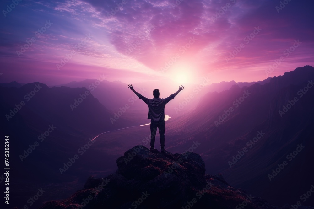 Man standing on top of a mountain with arms outstretched.