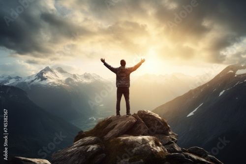 Man standing on top of mountain with arms open wide. © Marharyta