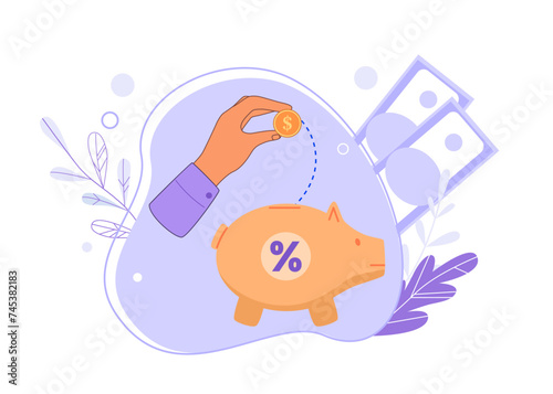 Saving money, investment concept. Character putting dollar coin into piggy bank. Person depositing money to get profit