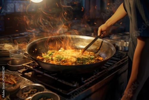 Man Cooking Food in a Large Skillet. Mixing vegetables in a wok