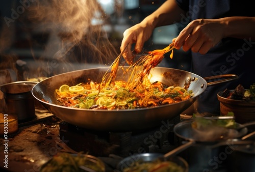 Man cooking food in a large skillet. Mixing vegetables in a wok.