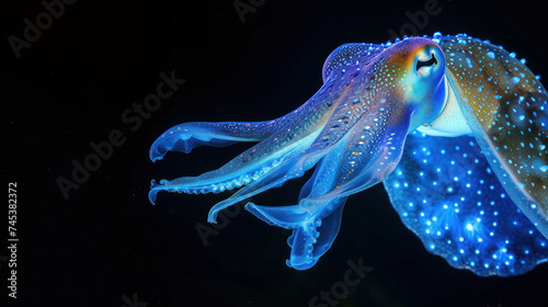 a close up of a blue and yellow squid with spots on it's body and a black back ground.