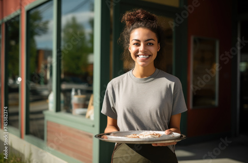 Woman Holding Plate of Food in Front of Building © Marharyta