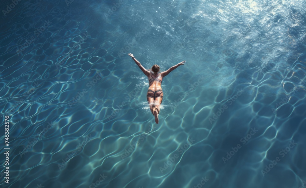 Woman swimming in pool of water.	
