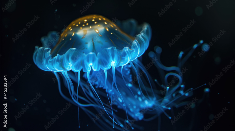 a close up of a jellyfish on a black background with blue and yellow lights on it's head.