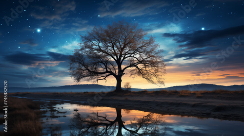 Un arbre solitaire murmure des secrets aux étoiles.