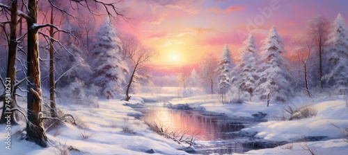 Snowy Landscape With River and Trees