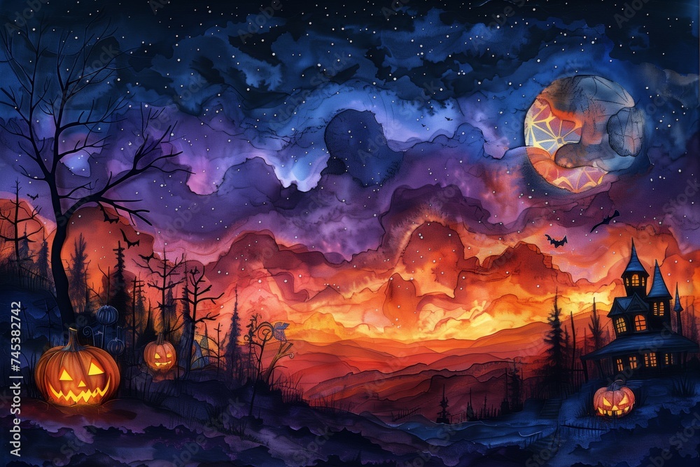 An enchanting Halloween spectacle featuring a spectral dwelling, radiant pumpkins, and a moon adorned with a spider web design, all set against a multicolored twilight. An enchanting Halloween spectacle featuring a spectral dwelling, radiant pumpkins, and a moon adorned with a spider web design, all set against a multicolored twilight.