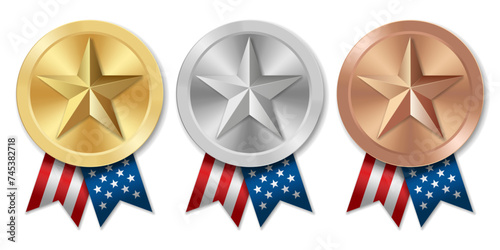 Golden silver and bronze award sport medal with USA ribbons and star