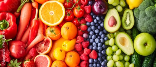 Delicious and healthy food. A bright assortment of fresh  colorful fruits and vegetables close up.
