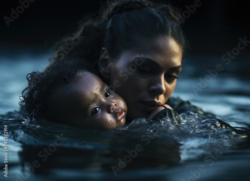 Happy mother teaching child  to swim  joyful bonding moment in clear blue water.