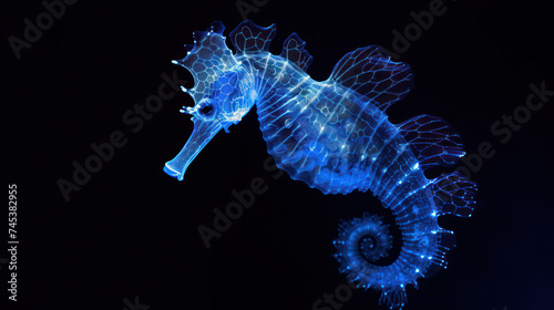 a close up of a sea horse on a black background with a reflection of it's body in the water.