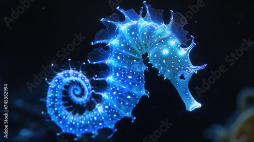 a close up of two seahorses in the dark with blue and white lights on it's body. photo