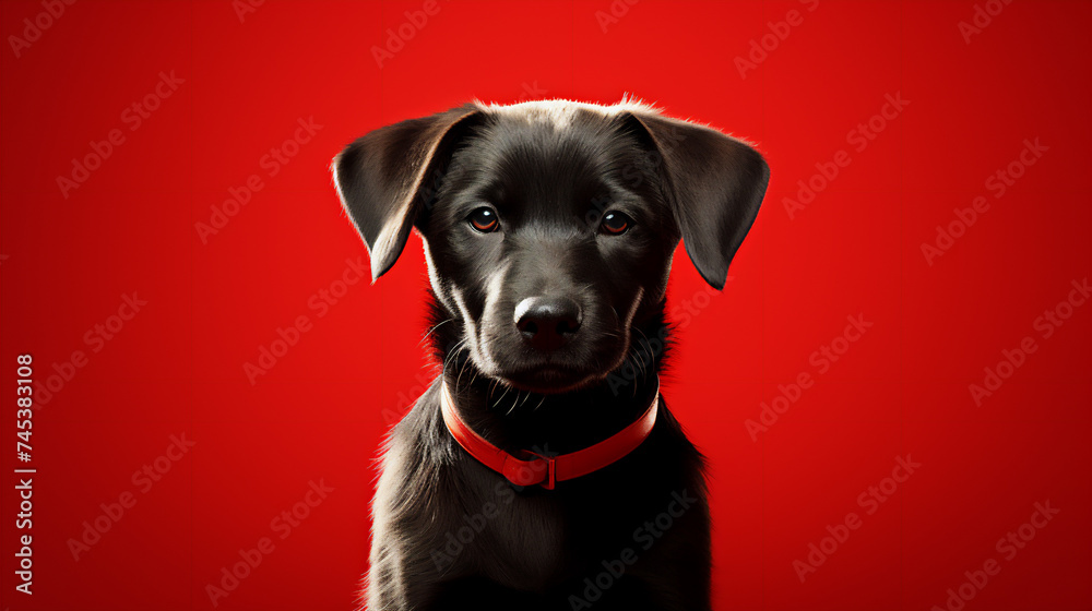 black puppy on isolated dark red background looking at camera