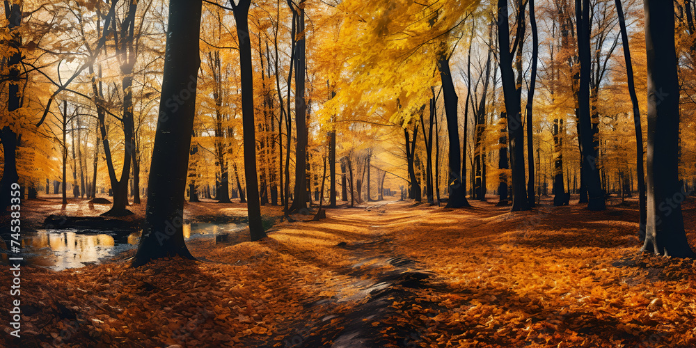  autumn forest in the morning, Yellow Autumn Leaves In A Wooded Area, Japanese Forest, Autumn Nature,  Generative AI