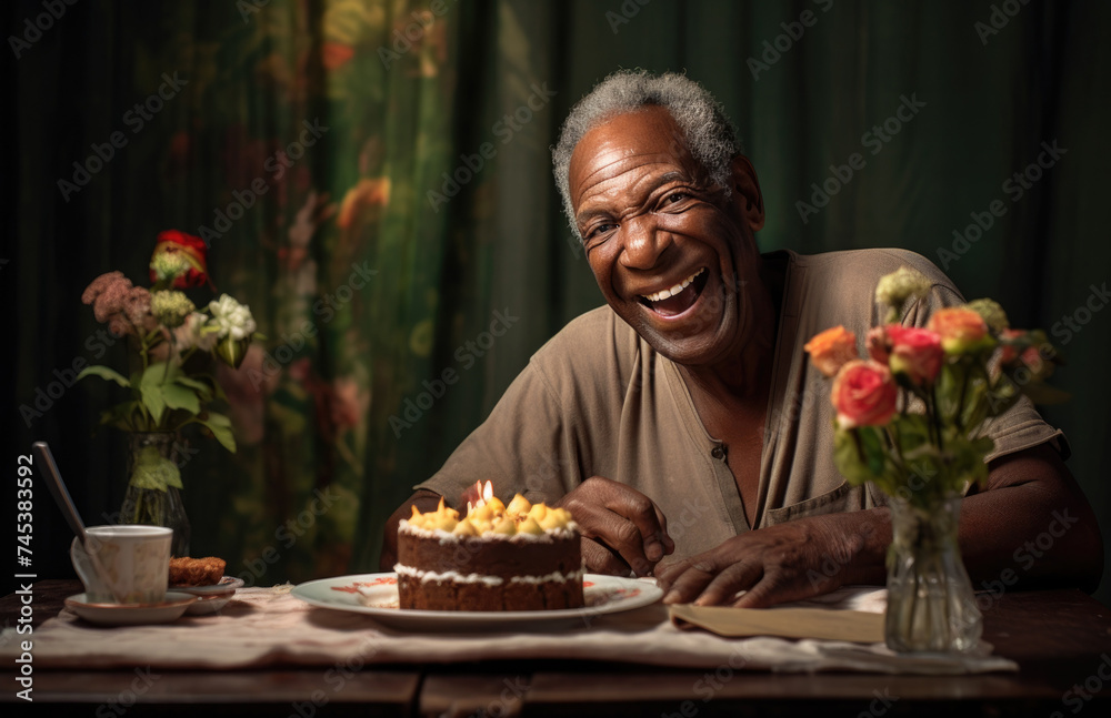 Joyful senior celebrating birthday: elderly man laughing heartily next to a delicious cake Joyful senior celebrating birthday: elderly man laughing heartily next to a delicious cake