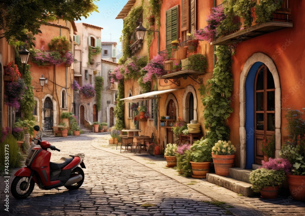 Red scooter parked on cobblestone street. Red scooter parked on cobblestone street.