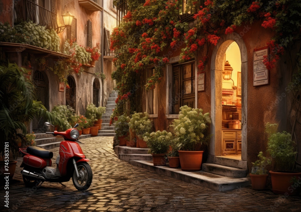 Red scooter parked on cobblestone street. Red scooter parked on cobblestone street.