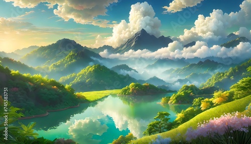 Digital art collection featuring vibrant and detailed scenes that blend elements of fantasy with realism. Each image is a creative exploration of themes such as serene nature landscapes