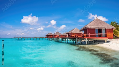 Picturesque overwater bungalows extending into the turquoise sea under a clear blue sky.