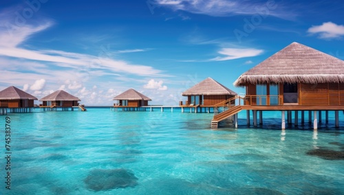 Picturesque overwater bungalows extending into the turquoise sea under a clear blue sky. © Marharyta