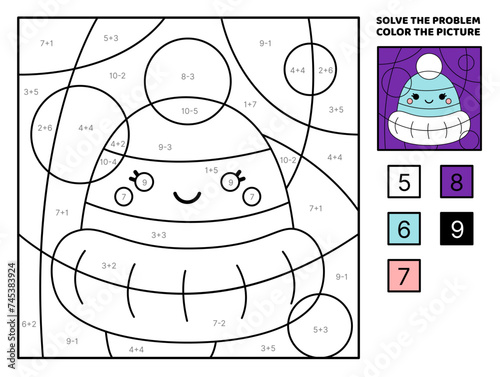 Blue winter hat. Solve the problem, color the picture. Addition, Subtraction. Coloring book. Vector