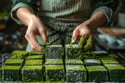 Close-up of hands dusting matcha powder over freshly cut squares of traditional green tea flavored dessert. photo