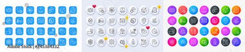 Social distance, Umbrella and Covid test line icons. Square, Gradient, Pin 3d buttons. AI, QA and map pin icons. Pack of Vision board, Vaccine protection, Cleaning liquids icon. Vector