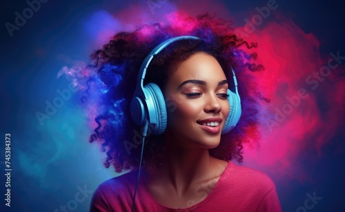 Woman in tank top listening to music with headphones.