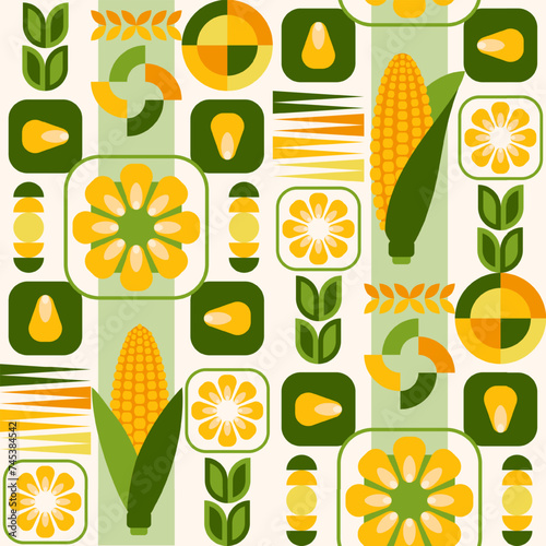 Seamless pattern with icons of corn cob, corn grains, abstract geometric shapes on white background. For branding, decoration of food package, decorative print for kitchen