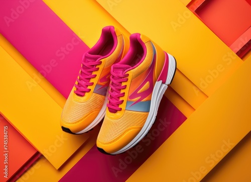 Bright Pink and Orange Running Shoes on a Vivid Yellow Background photo