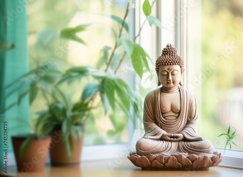 Serene Buddha statue meditating on a sunny windowsill surrounded by greenery.