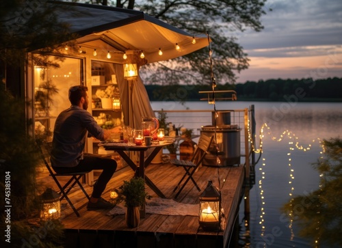 Romantic Dinner at Dusk on a Lakefront Dock With a Cozy Tiny House