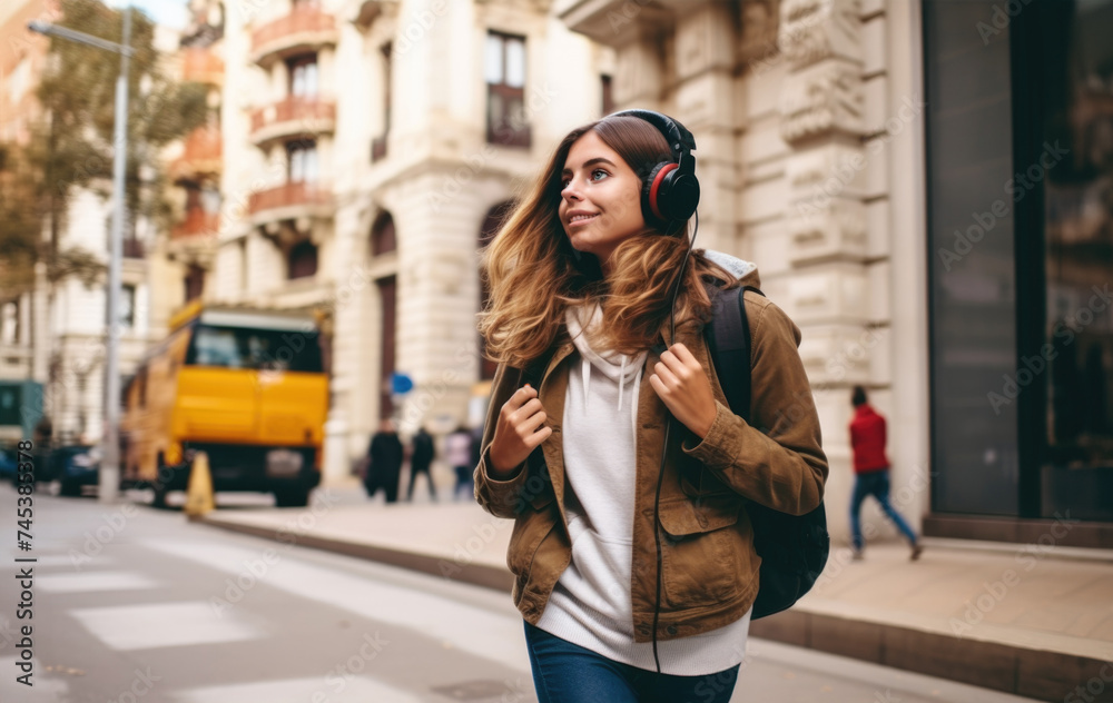 Woman walking down street with headphones on.