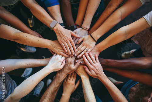 Group of multiethnic people holding hands together. Diversity concept, Team members putting hands together close-up, top view, No visible faces. together. co-workers stacking their hands together.