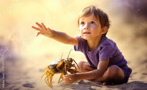 Young boy gazing amazed at a giant hermit crab on a sandy beach at sunset. photo