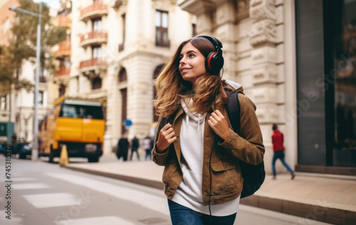 Woman Walking Down Street With Headphones On