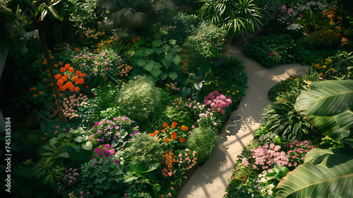 Um jardim exuberante com flores coloridas e plantas diversas sob a suave luz natural