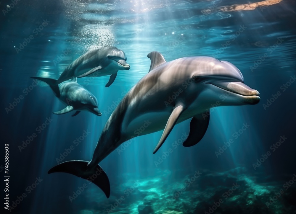 Naklejka premium Dolphins swimming over coral reef.