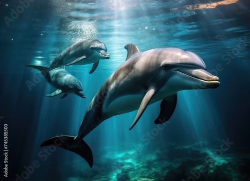 Dolphins swimming over coral reef.