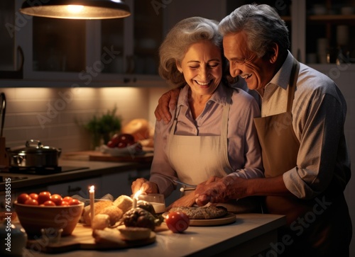 Man and woman cooking together in a kitchen.