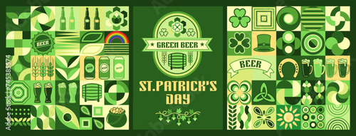 Set of logo, beer design elements in simple geometric style for St Patricks Day. Icons, abstract geometric shapes. Good for branding, decoration of food package, cover design, decorative print