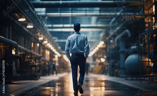 Man walking down a factory hallway.