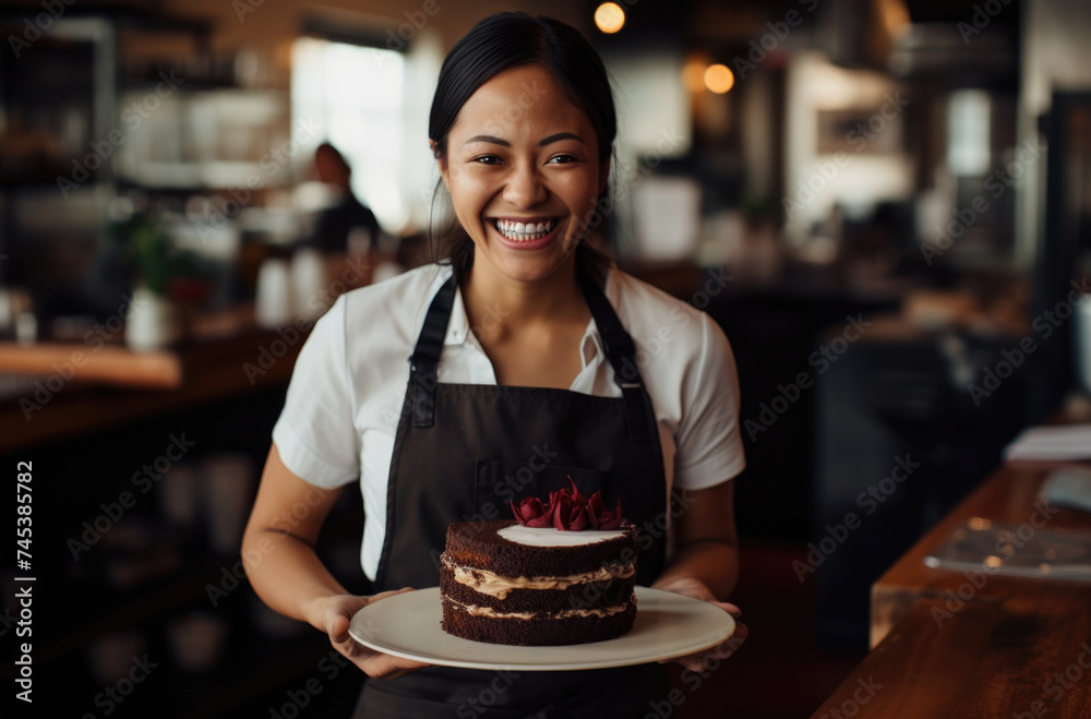 Pastry chef presenting chocolate cake, culinary art in restaurant.